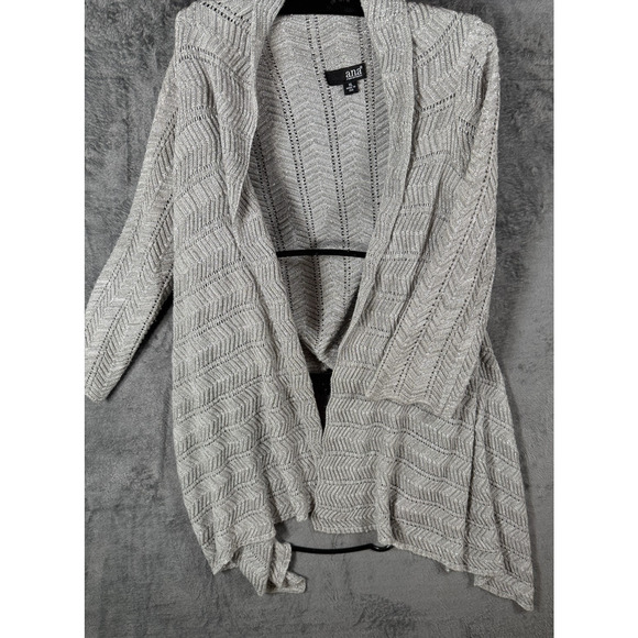 ANA A New Approach Silver Open Knit Cardigan Sweater XL Metallic Draped Hem - Picture 1 of 8
